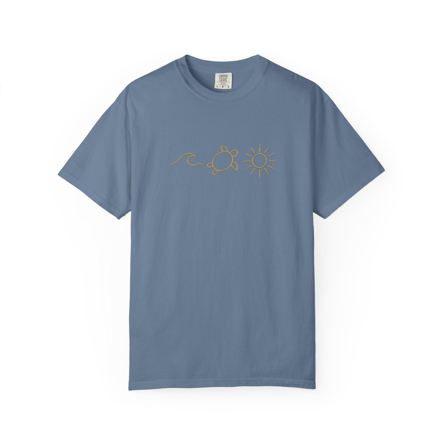Blue mashafrica-style T-shirt with minimalist sun and turtle design cool casual tees