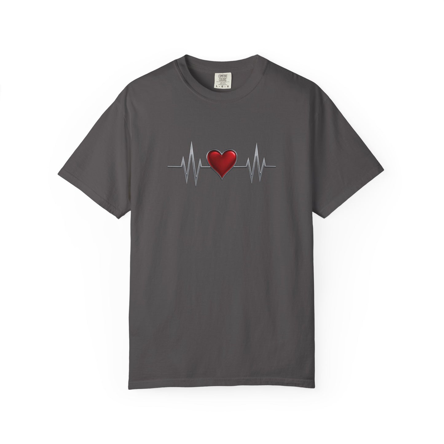 Mashafrica style dark gray heart graphic t-shirt with red heart and heartbeat design