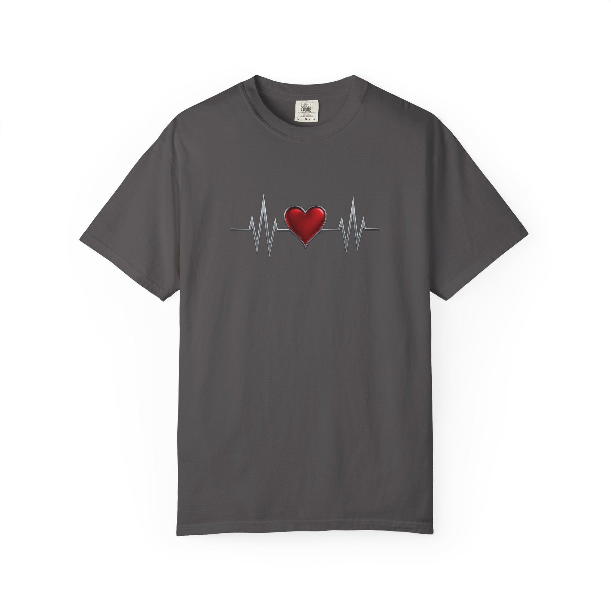 Mashafrica style dark gray heart graphic t-shirt with red heart and heartbeat design