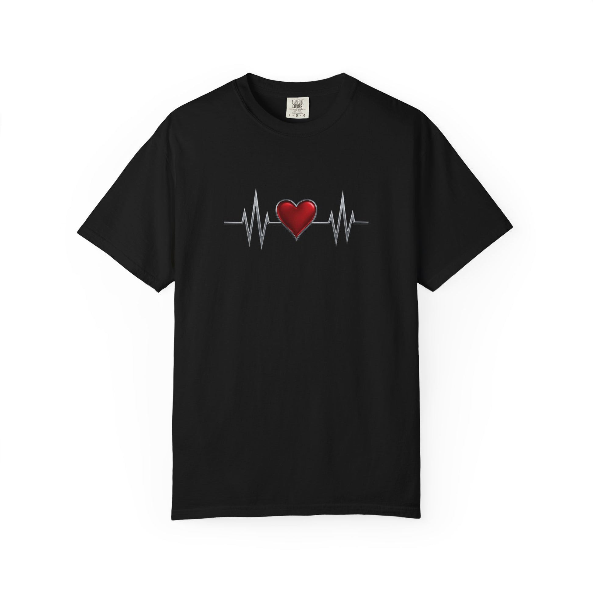 Black heart graphic t-shirt by mashafrica style with red heart and heartbeat line design