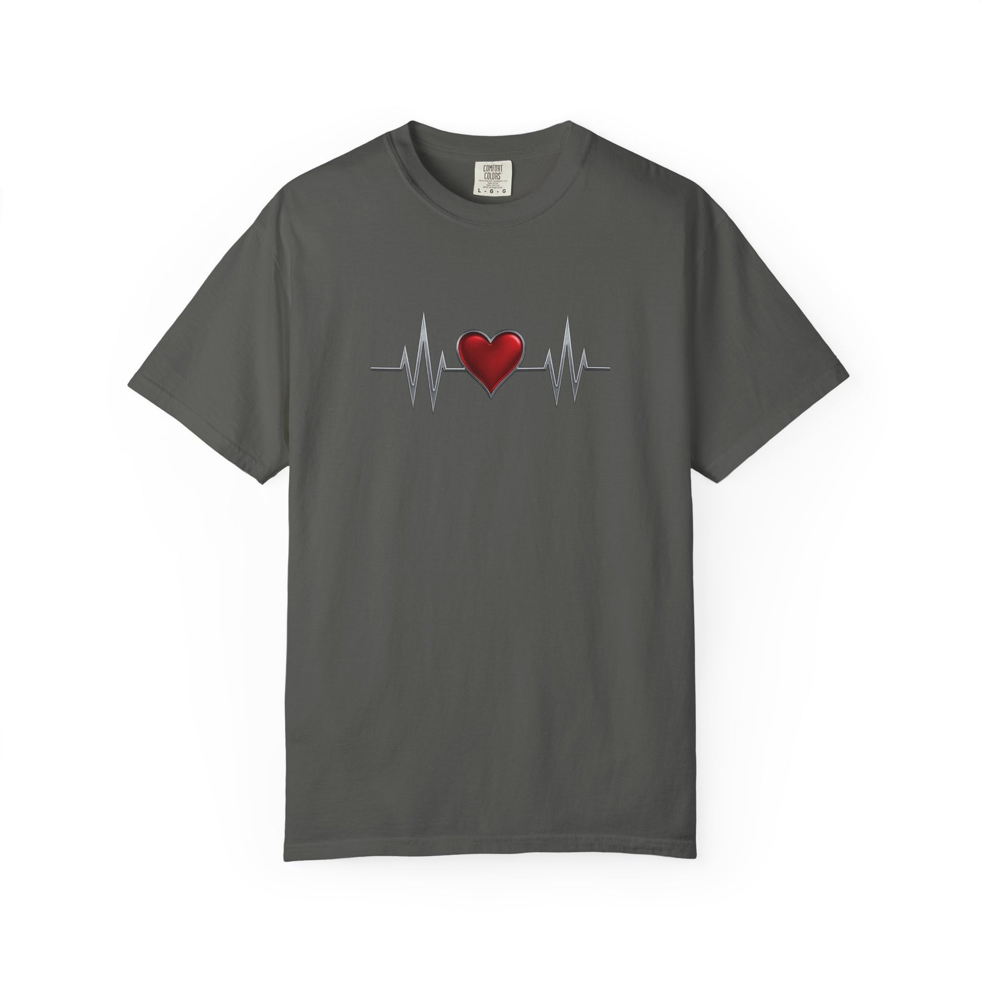 Gray mashafrica-style heart graphic t-shirt with red heart and heartbeat line design