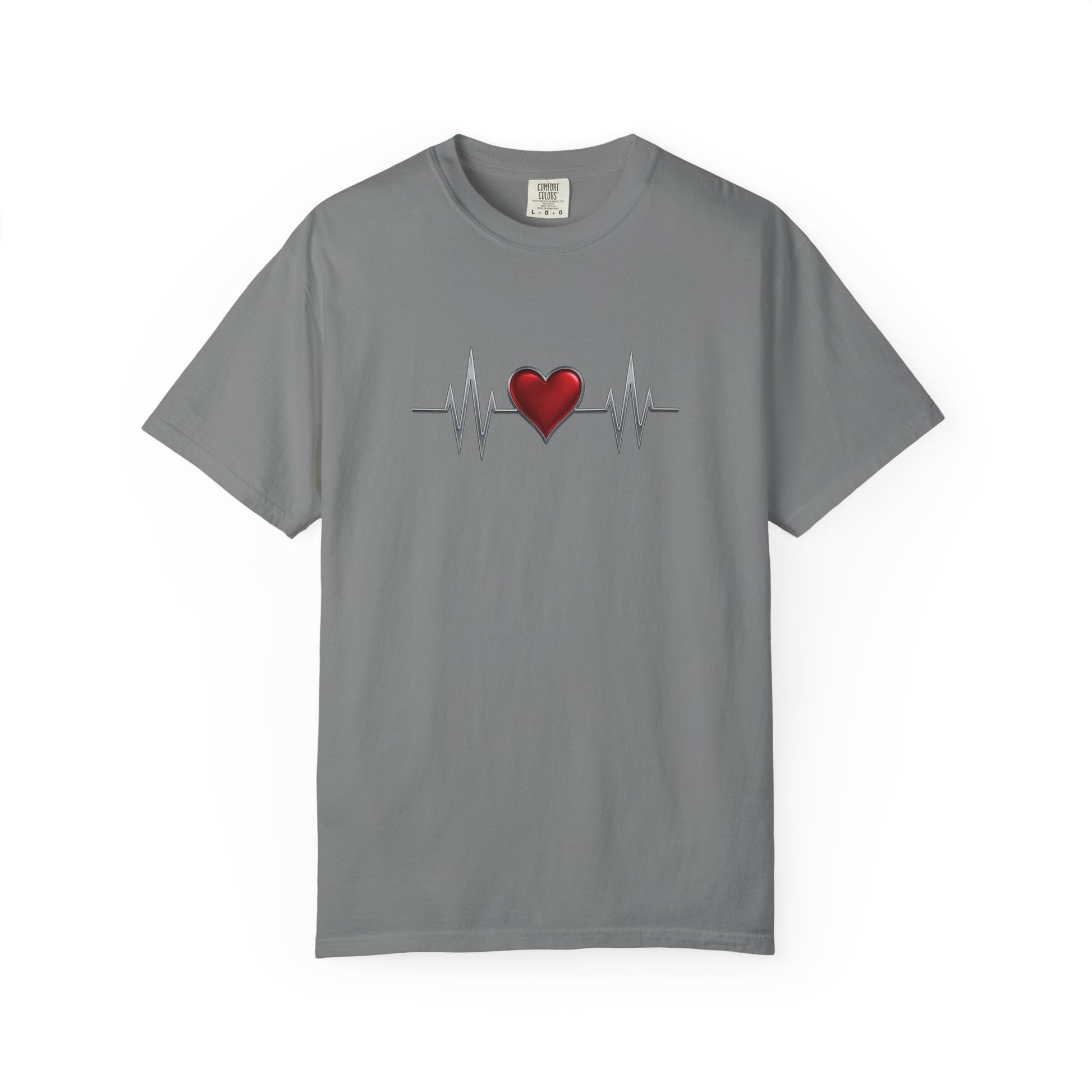 Gray heart graphic t-shirt with red heart and heartbeat line design by mashafrica style