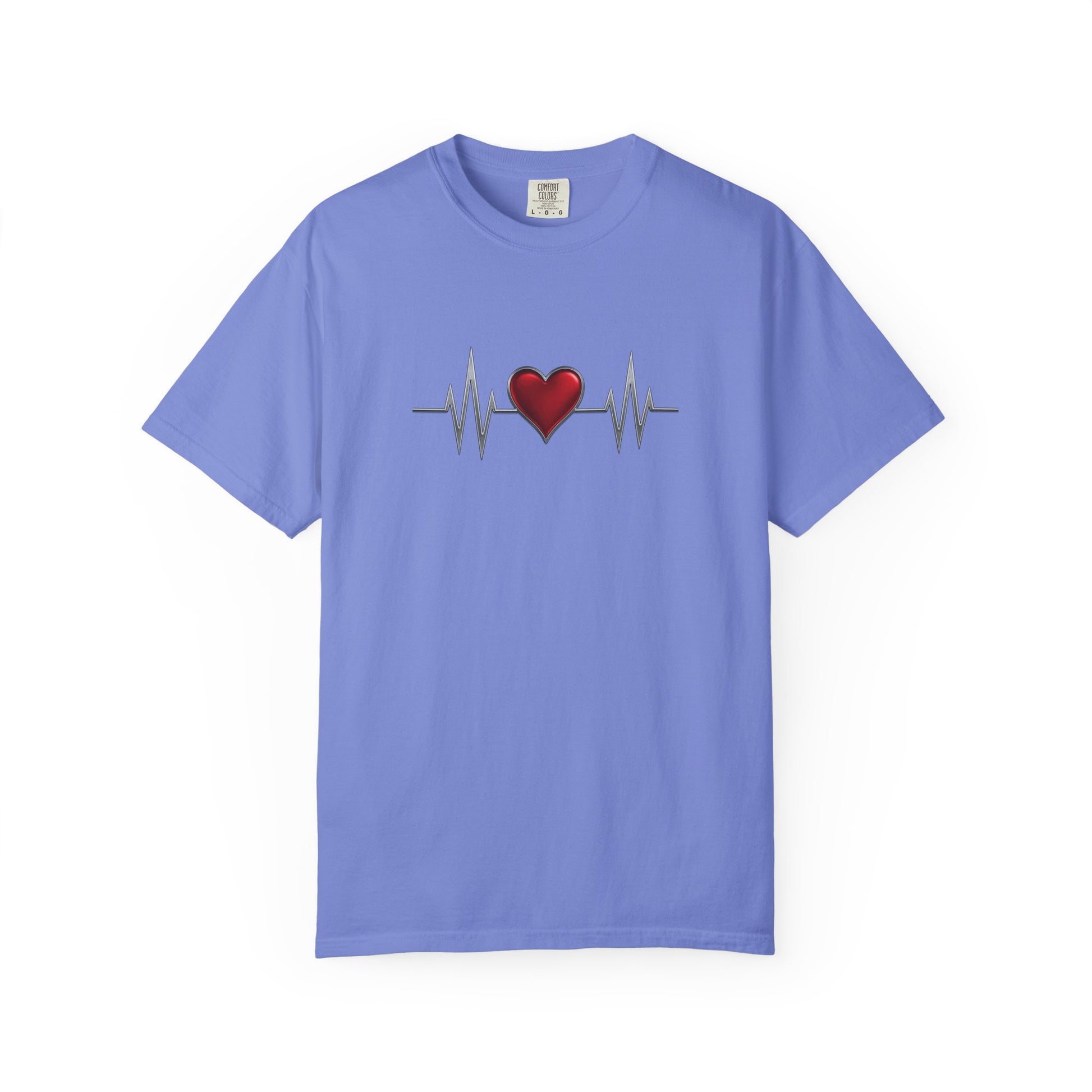 Light purple heart graphic t-shirt with red heart and heartbeat line design by mashafrica style