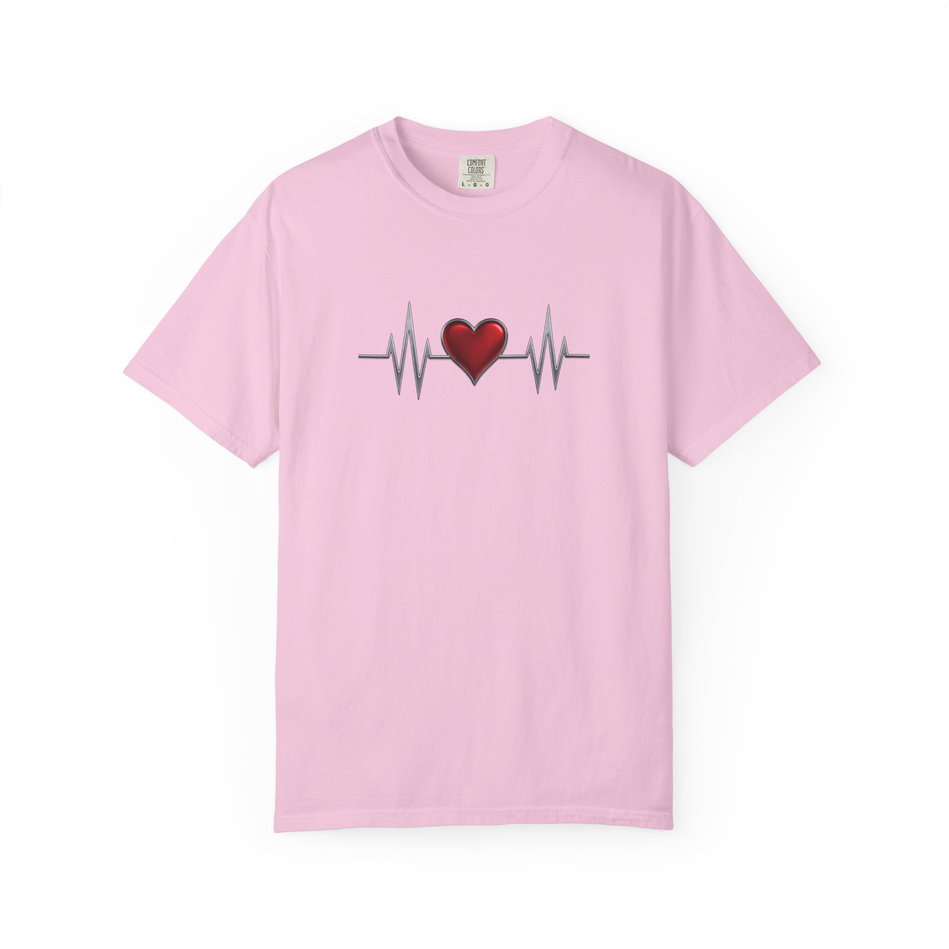 Pink heart graphic t-shirt with heartbeat line design from mashafrica style