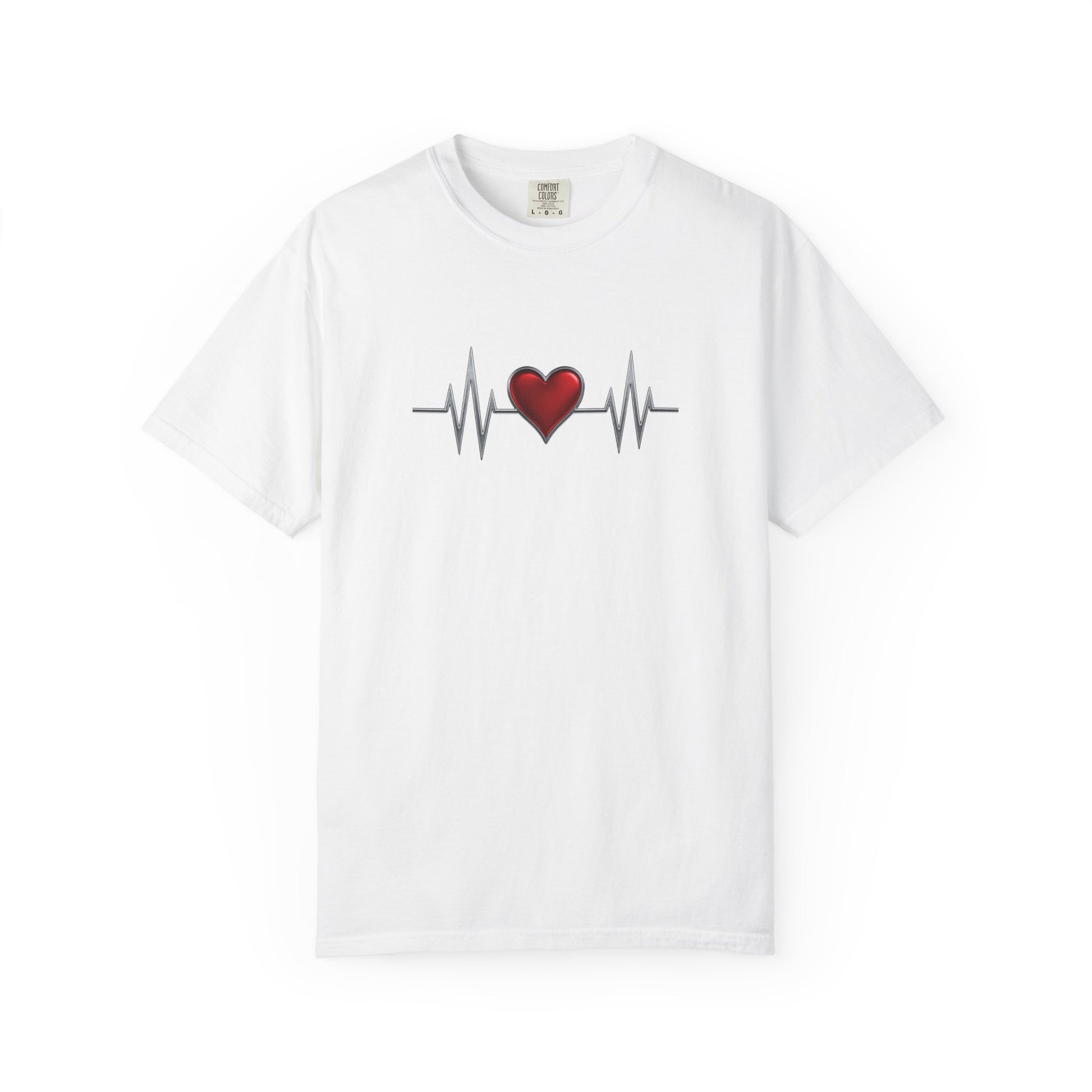 White mashafrica-style heart graphic t-shirt with red heart and heartbeat line design