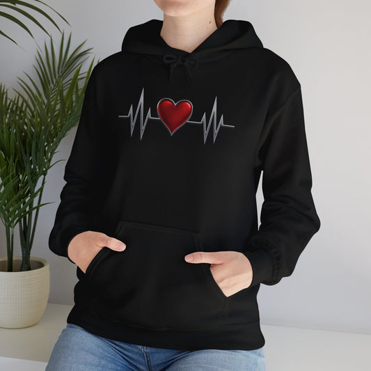 Black hoodie with red heart and heartbeat design from mashafrica style love themed hoodies