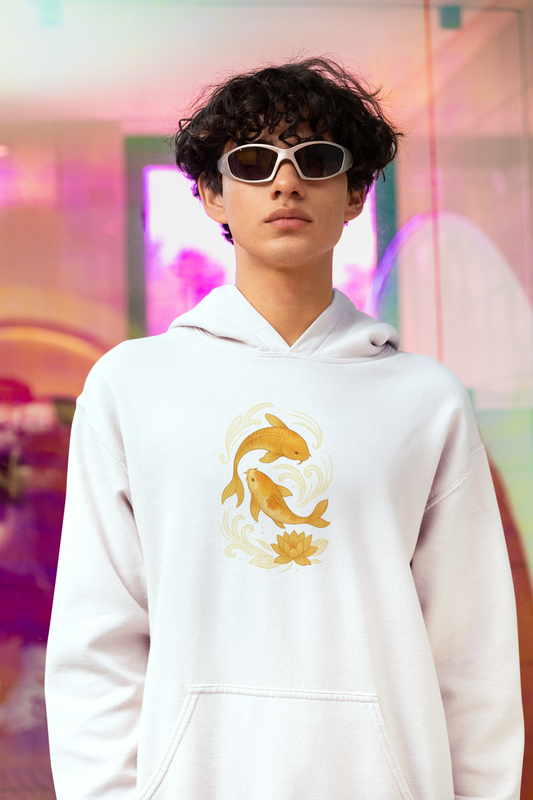 White golden fish hoodie for teens with yellow fish graphic worn by teen model