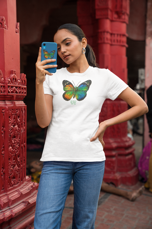 Mashafrica style white girls butterfly tee with colorful butterfly graphic worn by young woman
