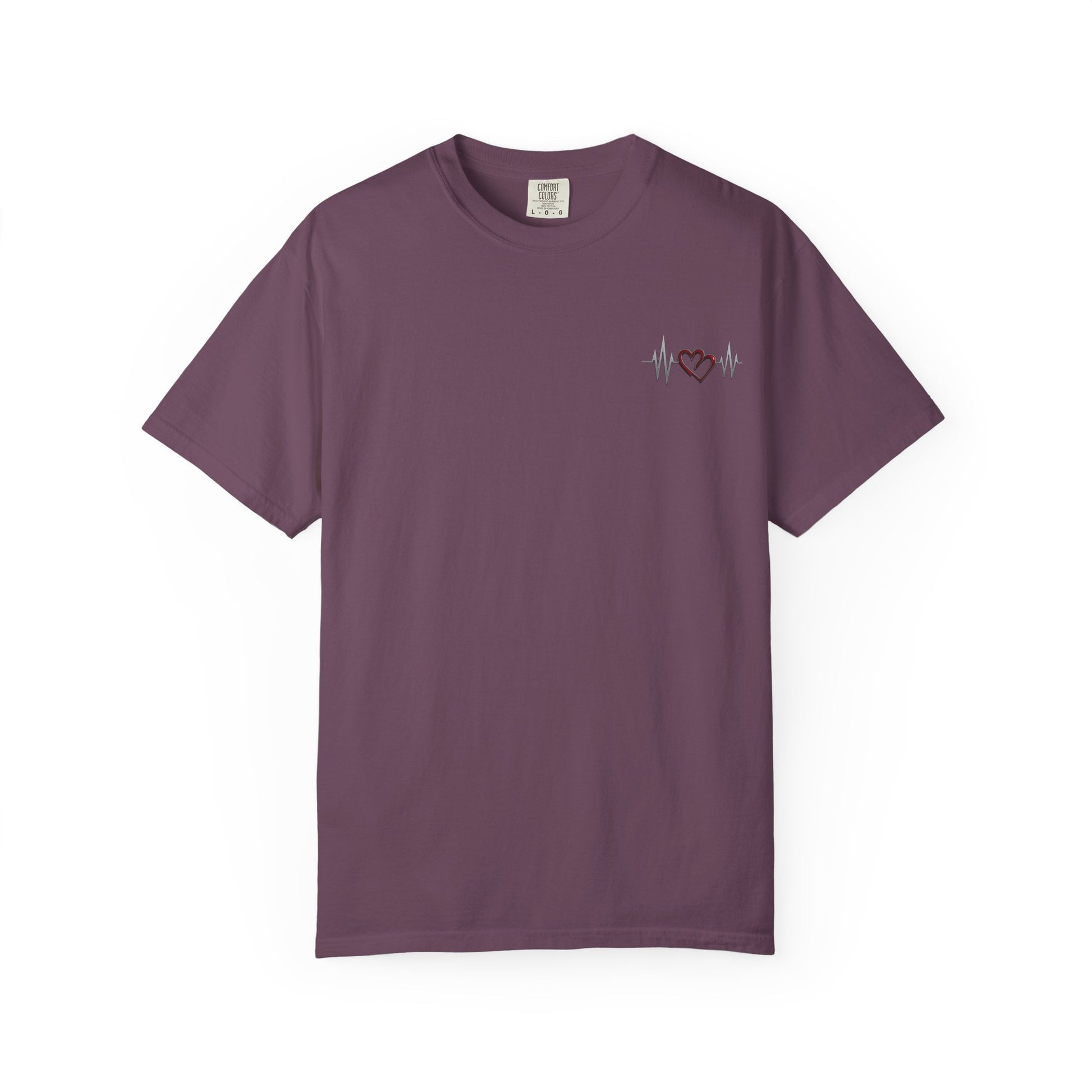 Purple mashafrica style heart design t-shirt with heartbeat graphic on chest