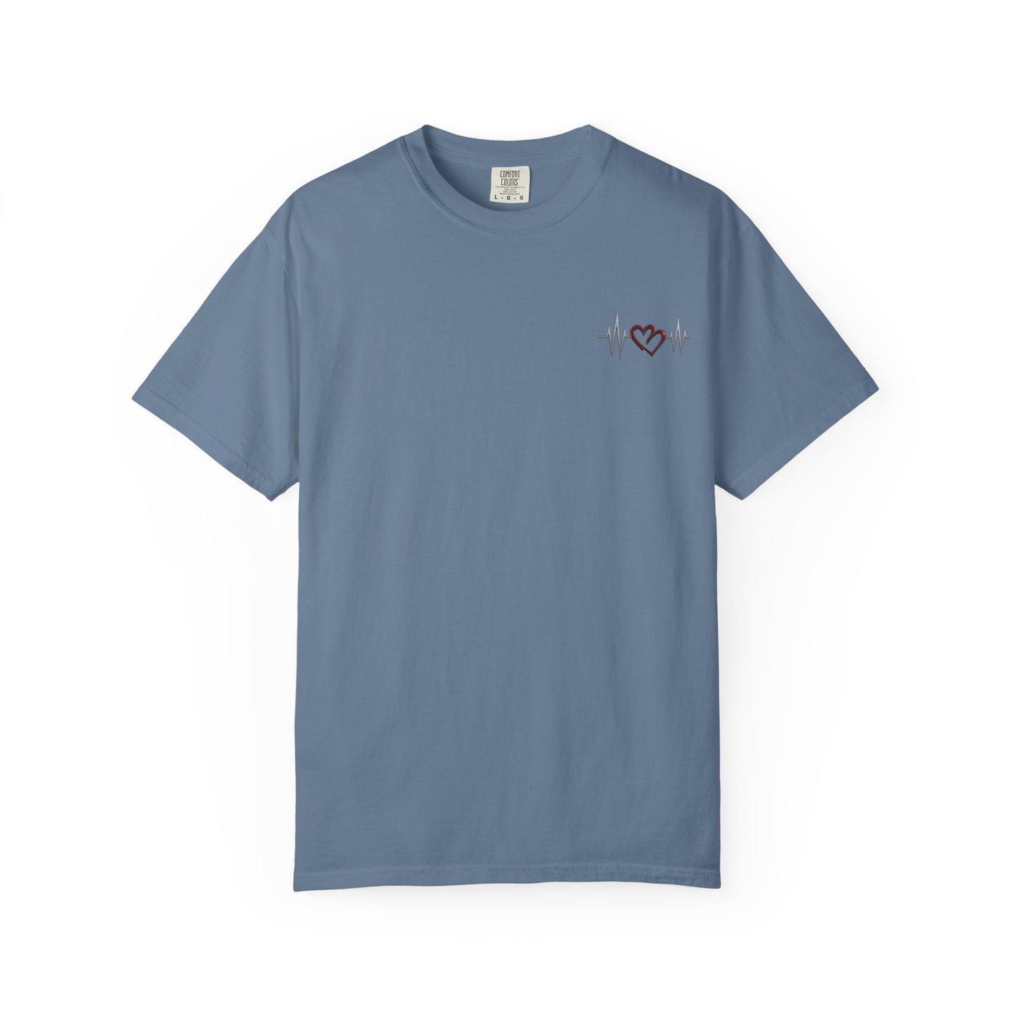 Blue t-shirt with small heart design and heartbeat line graphic by mashafrica style