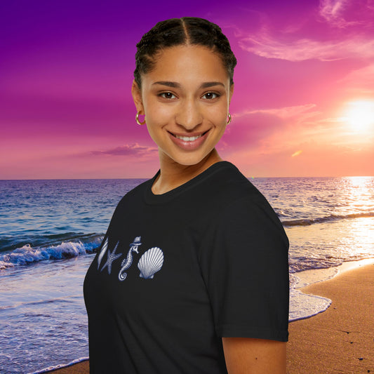 Black t-shirt with starfish seahorse and shell graphics ocean theme clothing by mashafrica style
