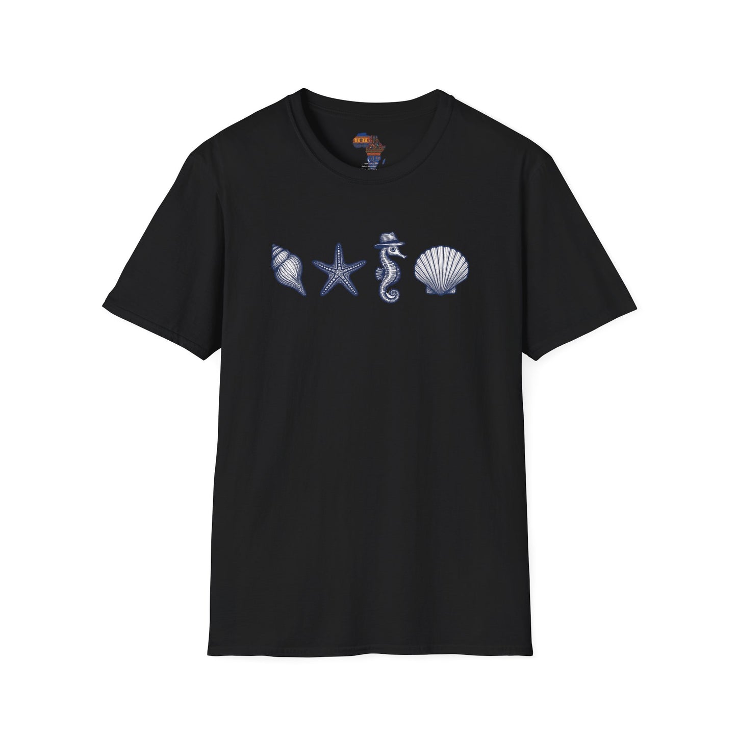 Black T-shirt from mashafrica style with sea shell, starfish, and seahorse designs for ocean theme clothing