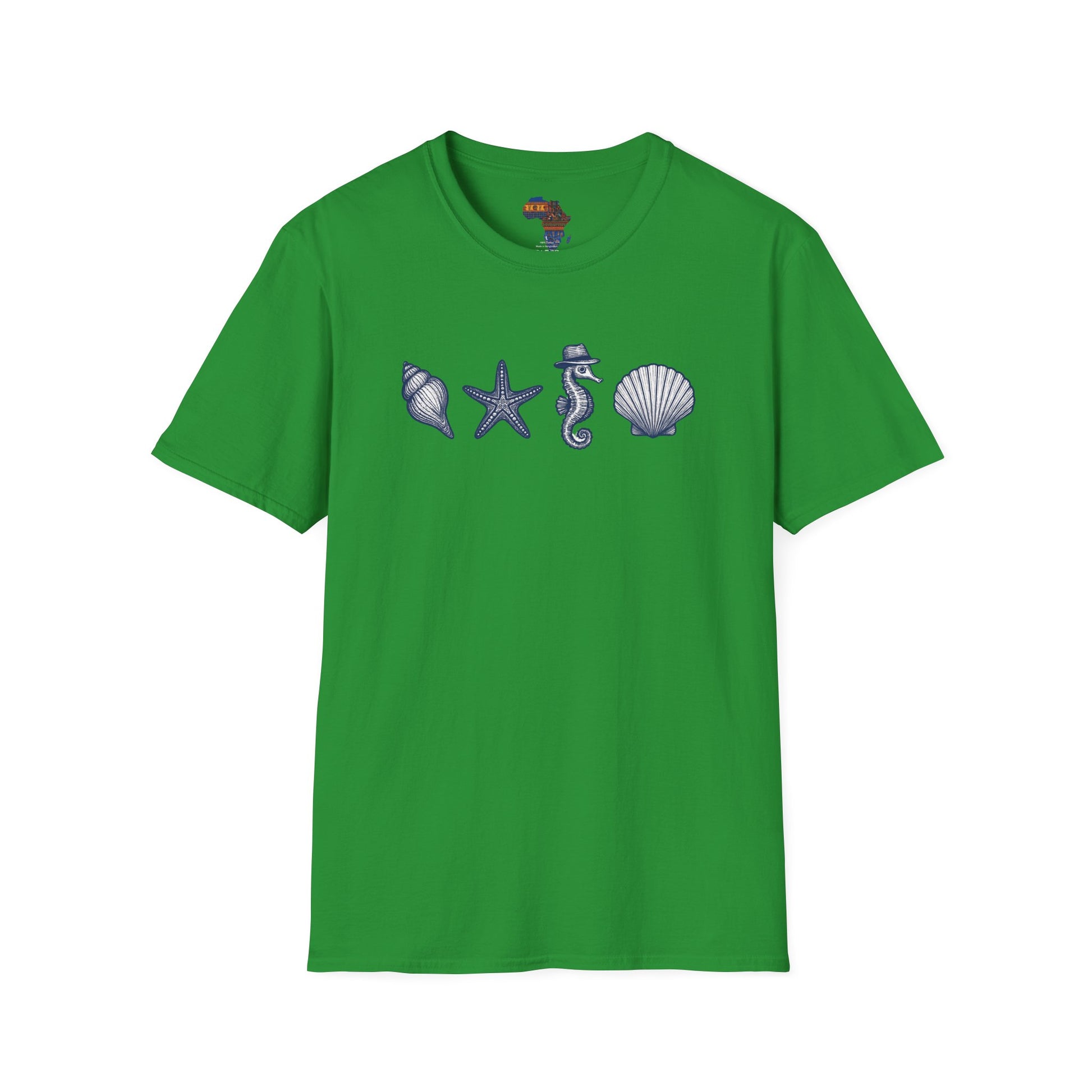 Green mashafrica style t-shirt with seashell, starfish, and seahorse graphic ocean theme clothing