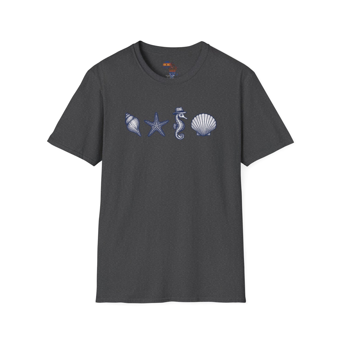 Dark gray T-shirt with blue ocean-themed designs including a shell, starfish, seahorse, and scallop shell ocean theme clothing