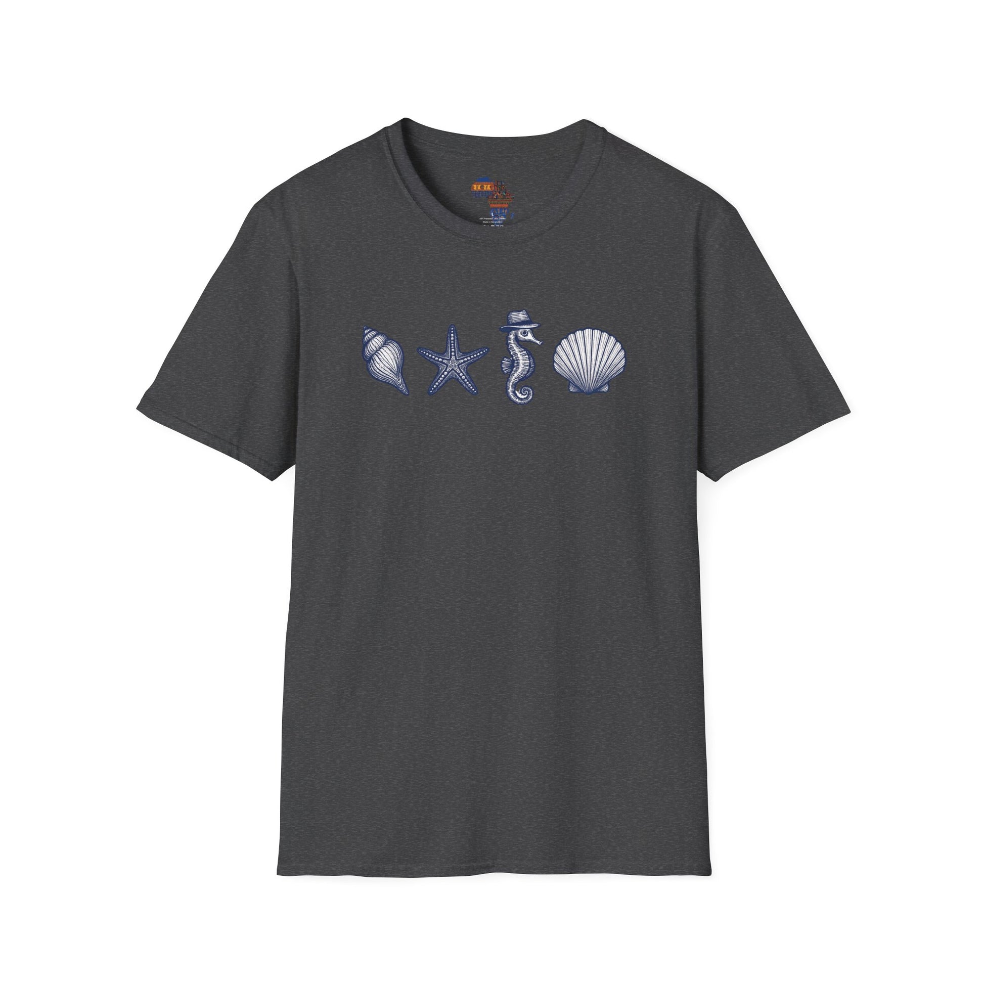 Dark gray T-shirt with blue ocean-themed designs including a shell, starfish, seahorse, and scallop shell ocean theme clothing