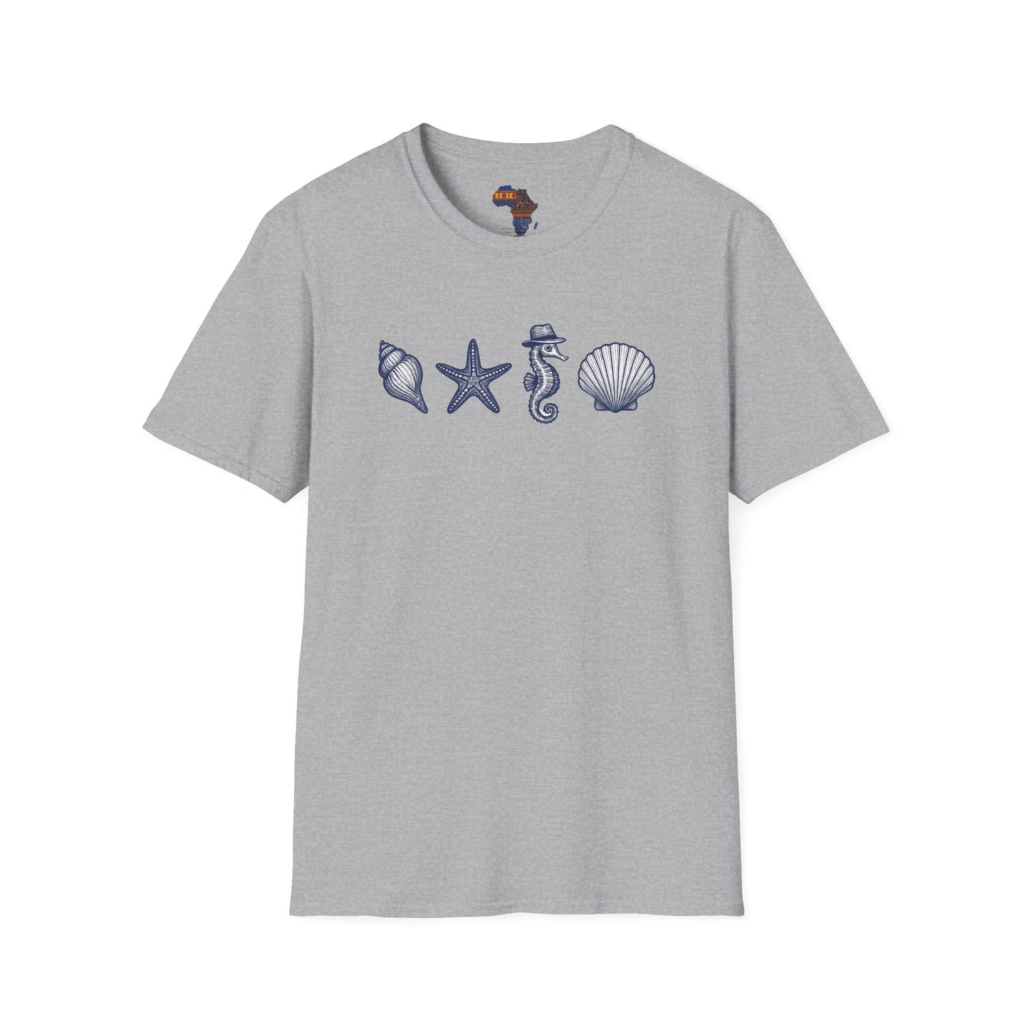 Gray mashafrica-style T-shirt with blue sea shell, starfish, and seahorse designs ocean theme clothing