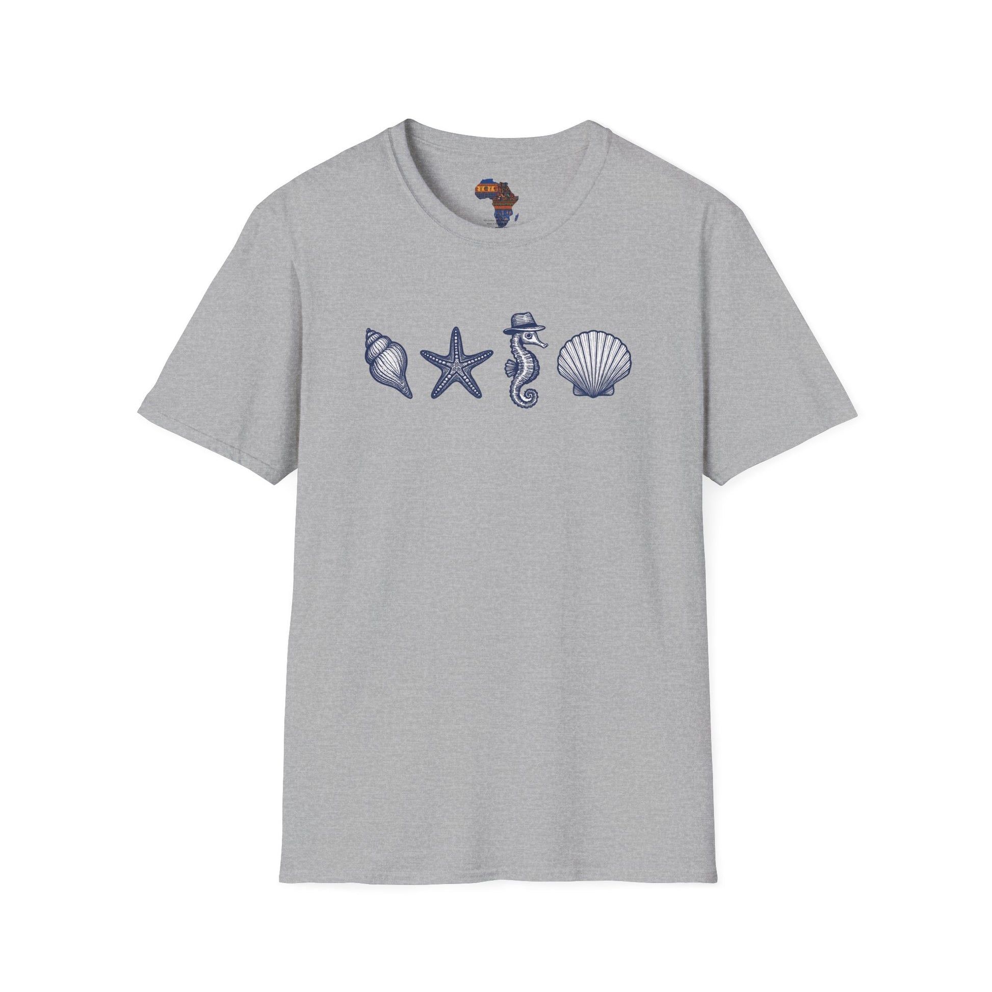 Gray mashafrica-style T-shirt with blue sea shell, starfish, and seahorse designs ocean theme clothing
