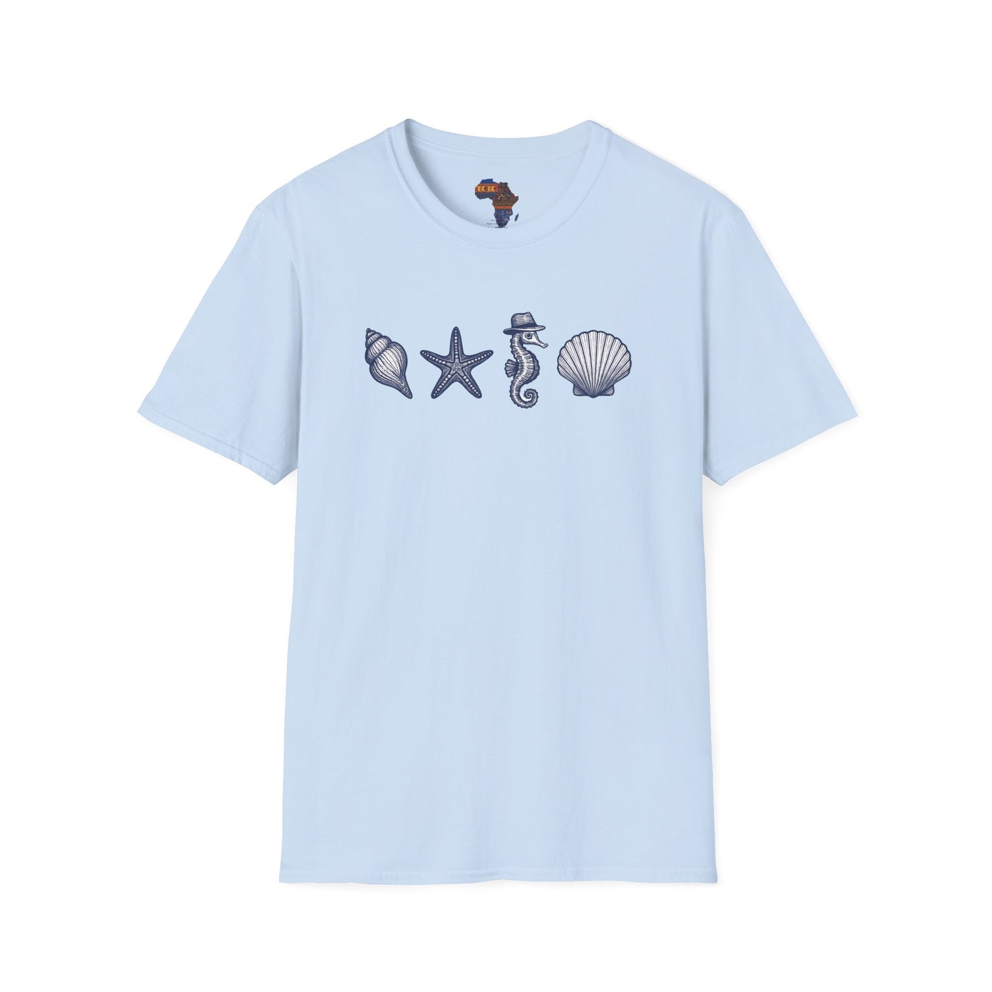 Light blue mashafrica style T-shirt with ocean theme clothing design featuring shell starfish seahorse and scallop
