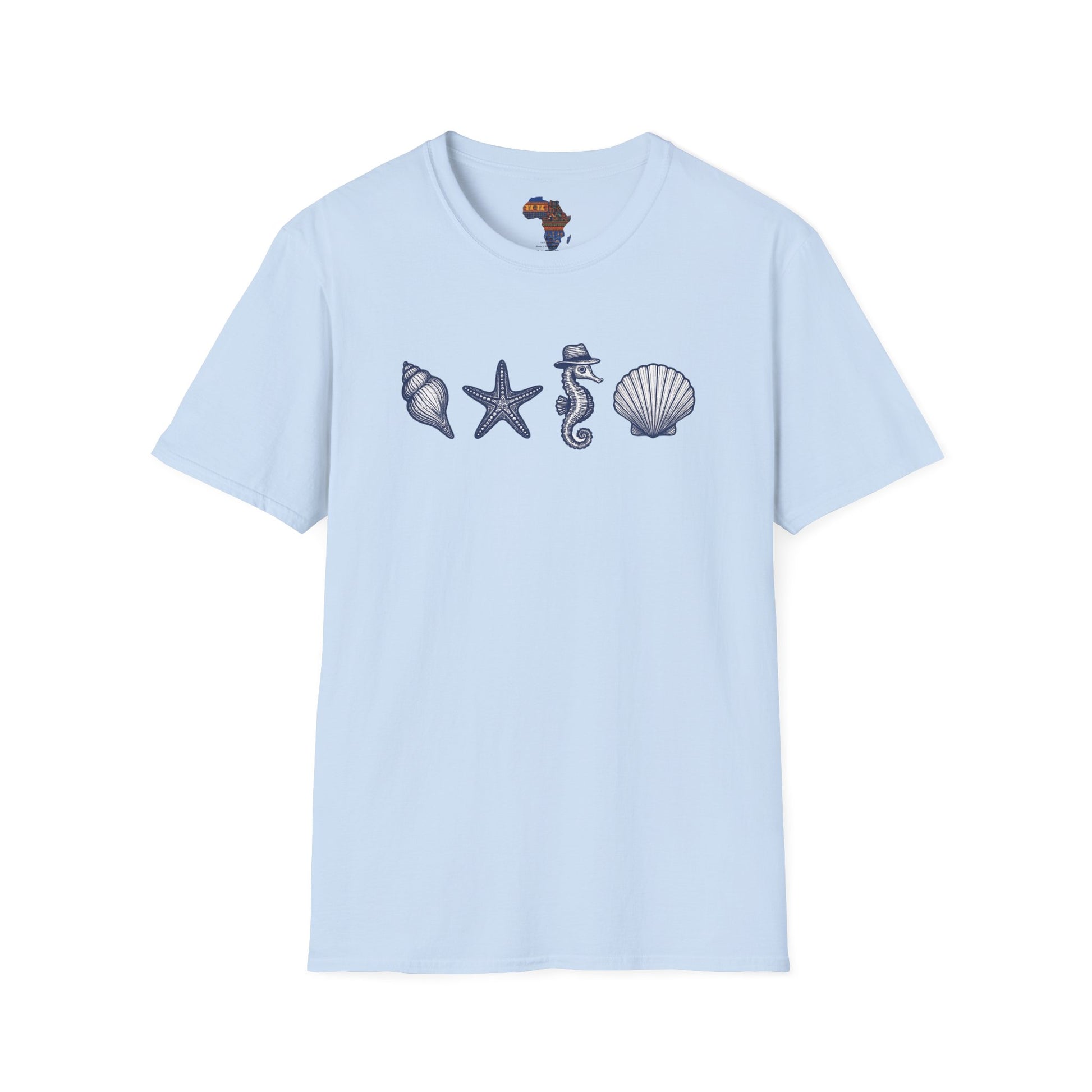 Light blue mashafrica style T-shirt with ocean theme clothing design featuring shell starfish seahorse and scallop