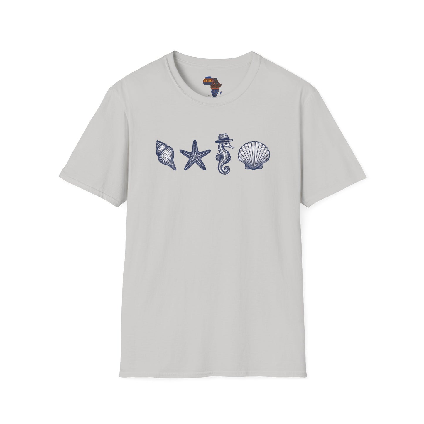 Light gray mashafrica style T-shirt with ocean theme clothing design featuring seashells starfish and seahorse