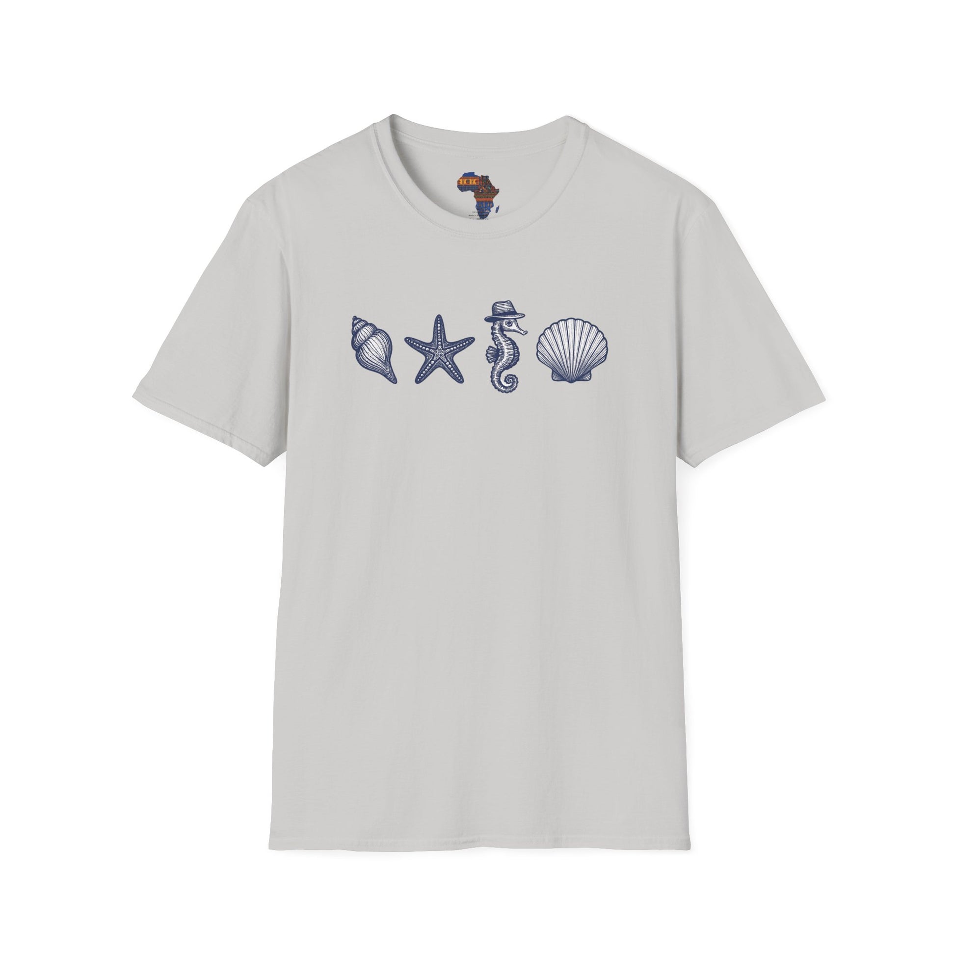 Light gray mashafrica style T-shirt with ocean theme clothing design featuring seashells starfish and seahorse