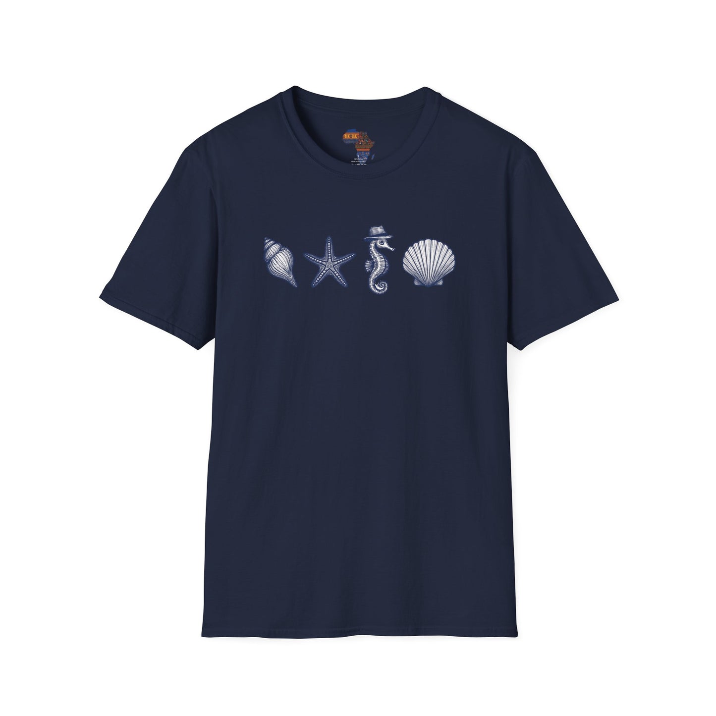 Mashafrica style navy blue t-shirt with sea shell, starfish, and seahorse print ocean theme clothing