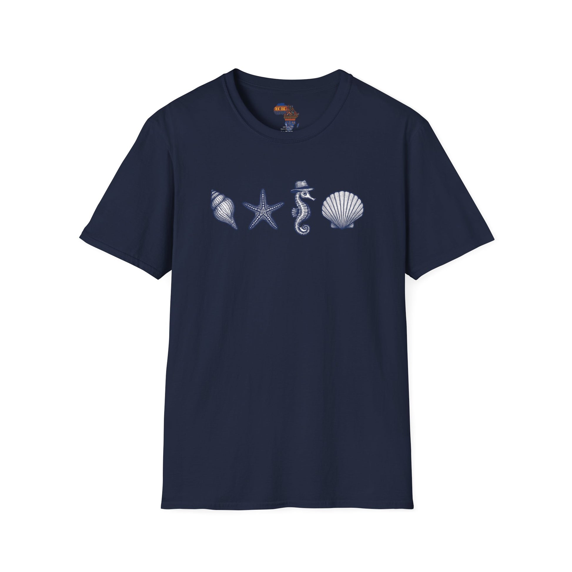 Mashafrica style navy blue t-shirt with sea shell, starfish, and seahorse print ocean theme clothing