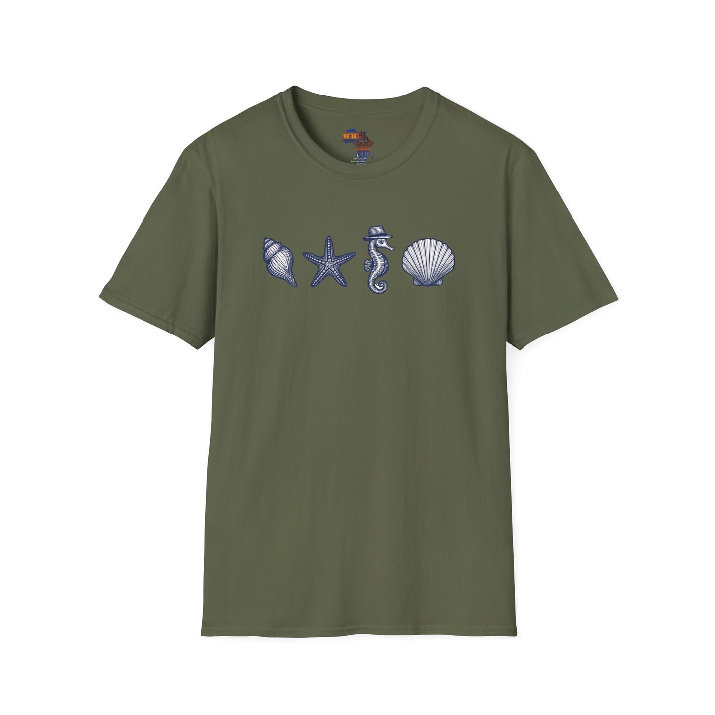Olive green T-shirt with blue sea shell, starfish, seahorse, and shell design ocean theme clothing