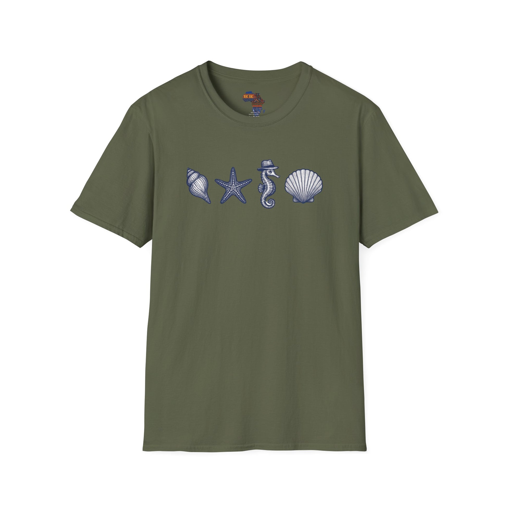 Olive green T-shirt with blue sea shell, starfish, seahorse, and shell design ocean theme clothing