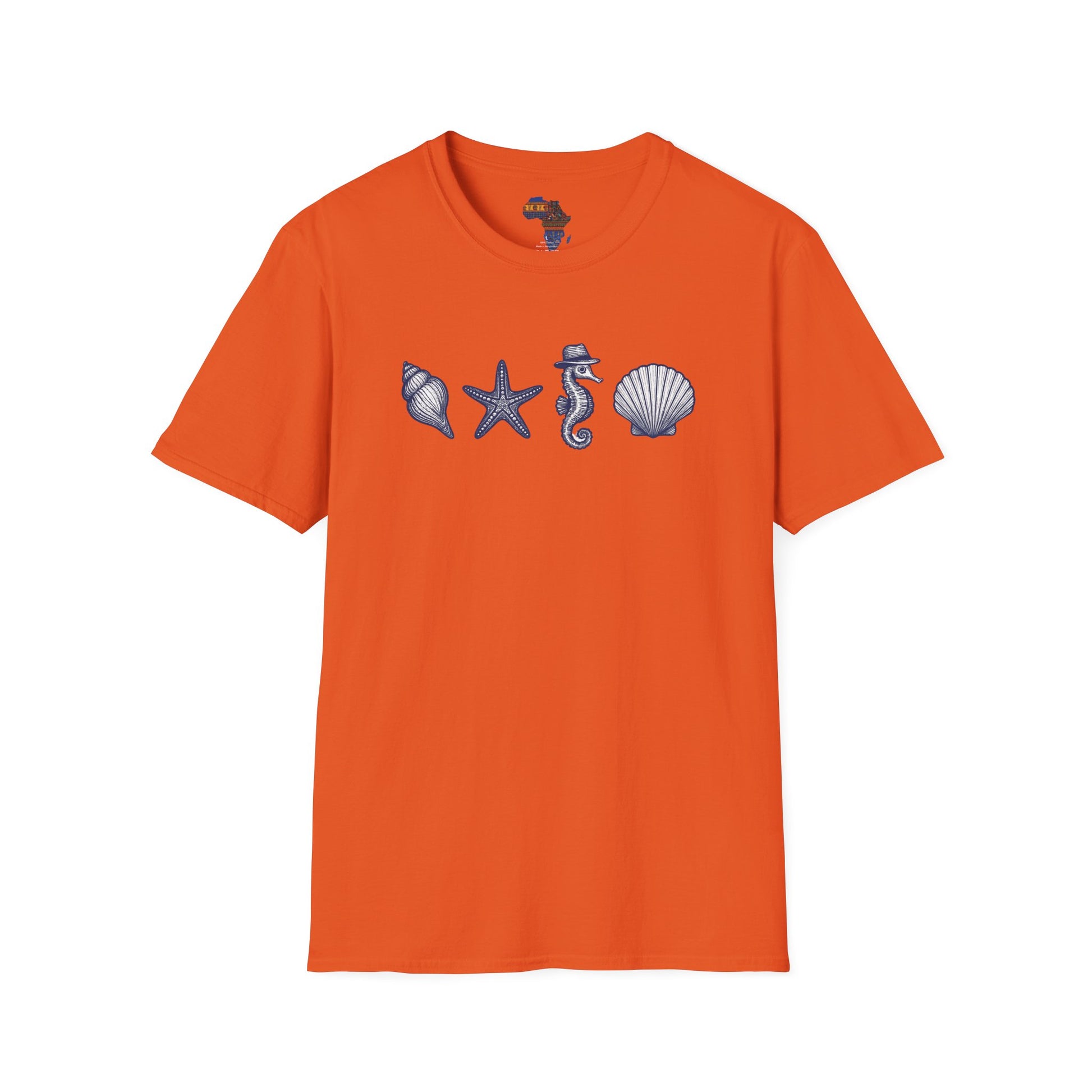 Orange mashafrica style T-shirt with ocean theme clothing featuring shells starfish and seahorse design