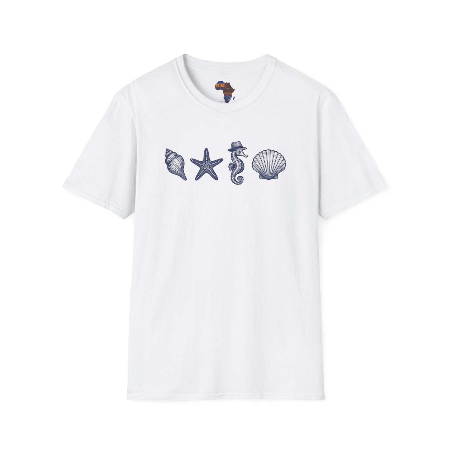 White mashafrica-style T-shirt with ocean-themed shell, starfish, and seahorse designs ocean theme clothing