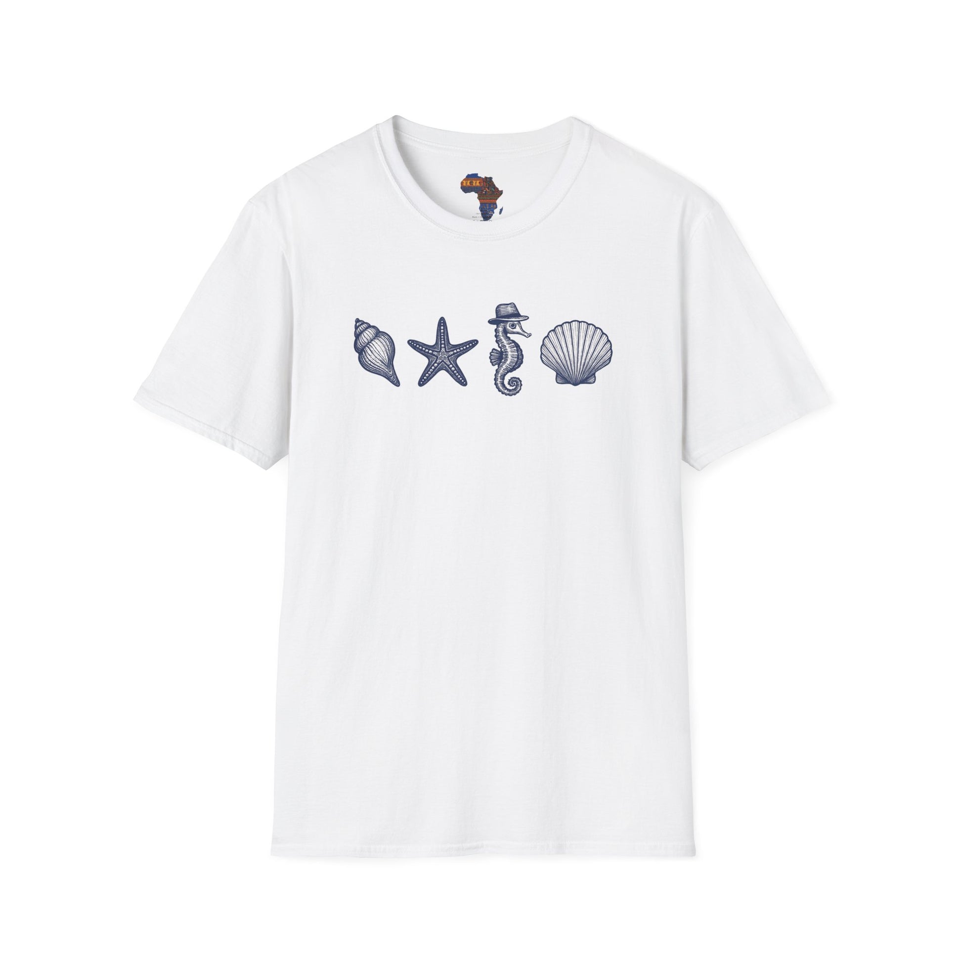 White mashafrica-style T-shirt with ocean-themed shell, starfish, and seahorse designs ocean theme clothing