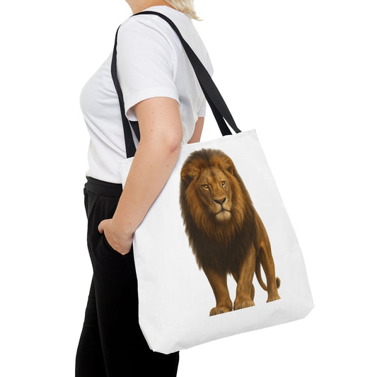 Woman carrying white Safari Theme Fashion Bag with realistic lion print and black straps