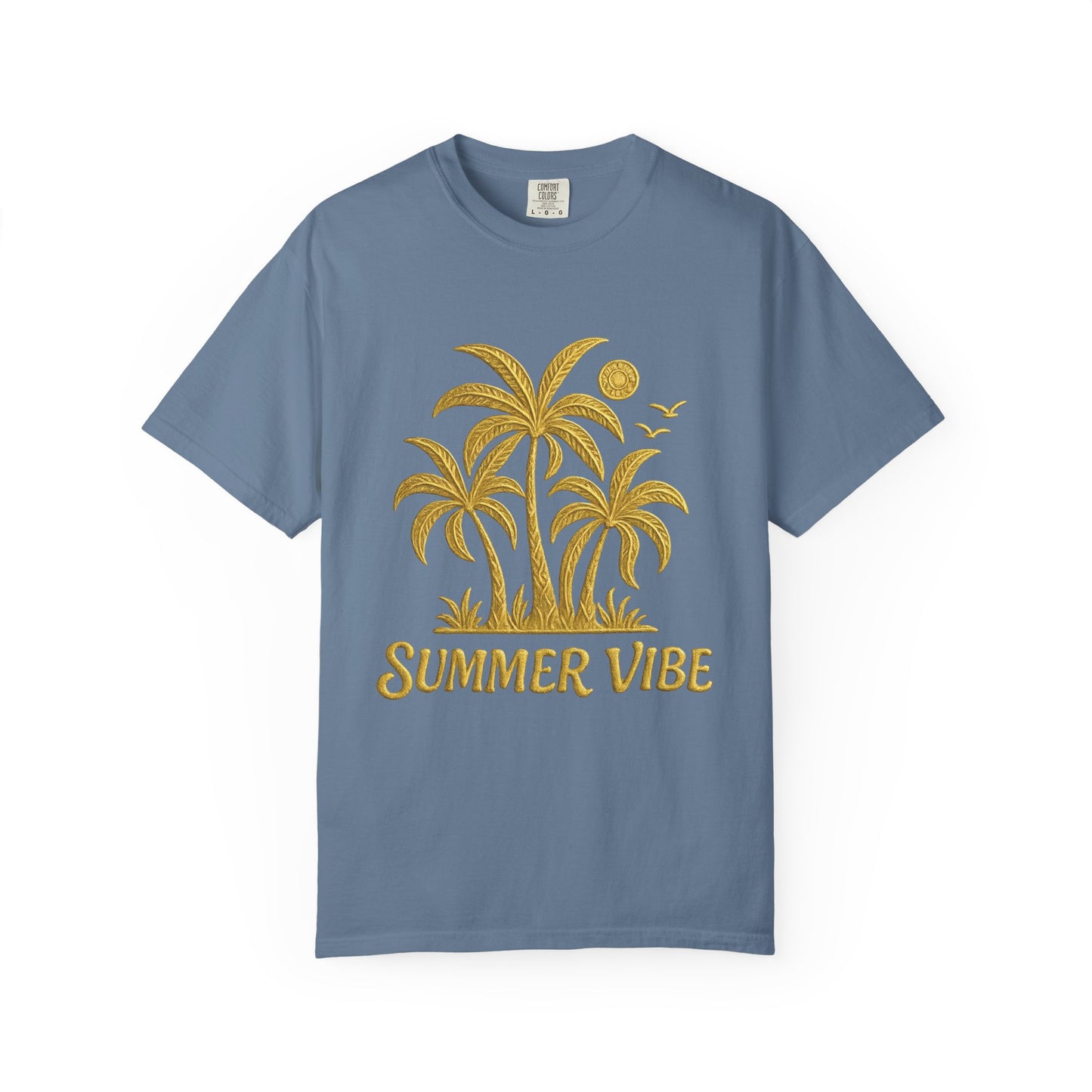 Blue mashafrica-style summer vibe t-shirt with yellow palm tree and sun graphic design