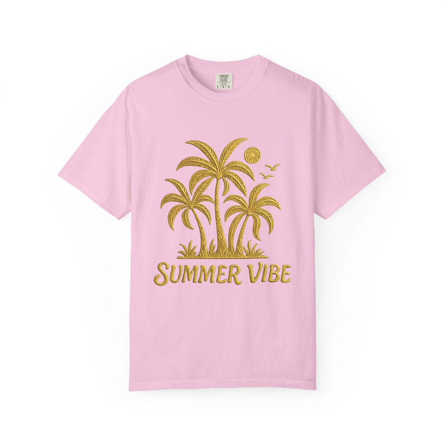 Pink mashafrica-style summer vibe t-shirt with gold palm tree graphic and text design
