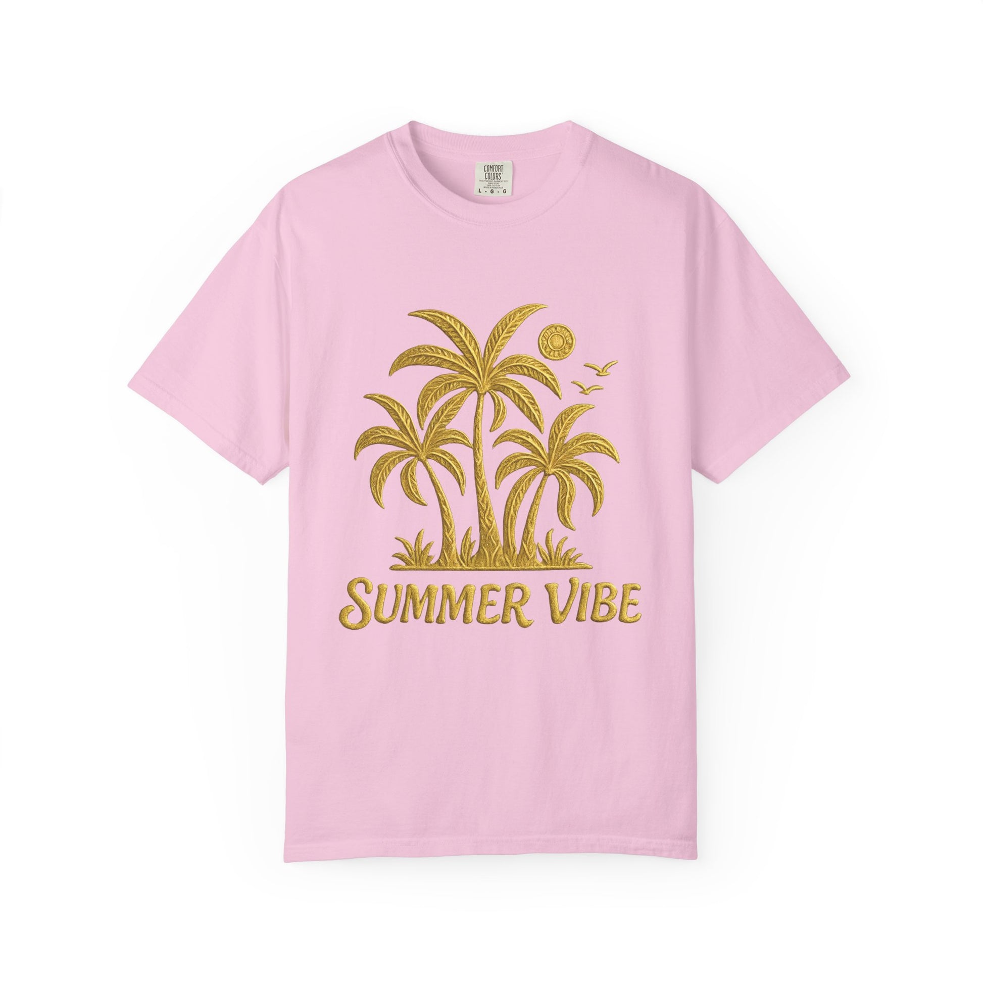 Pink mashafrica-style summer vibe t-shirt with gold palm tree graphic and text design