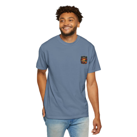 mashafrica-style graphic tee with summer vibes in blue featuring a tropical sunset design