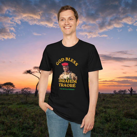 Black God Bless Ibrahim Traore shirt with graphic design worn by a smiling man outdoors