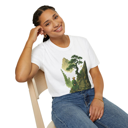 White mashafrica- style T-shirt featuring mountain print clothing design worn by smiling woman